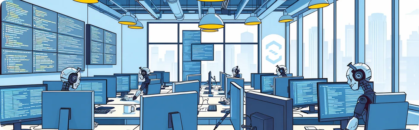 Illustrated engineering studio with robots coding at rows of desks
